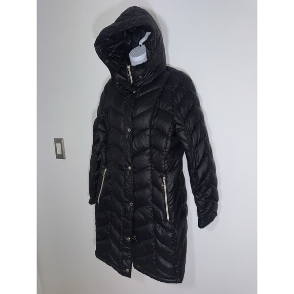 Calvin Klein Black Packable Premium Down Puffer Parka Long Coat Hood Women Large - Picture 2 of 13